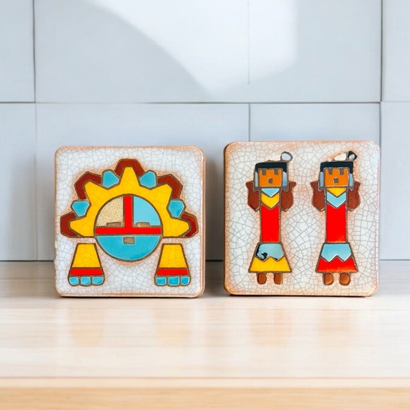 2 ARIUS Santa Fe Pottery Art Tiles 4” Southwest Hopi Native American Sun God Yei - Picture 1 of 13